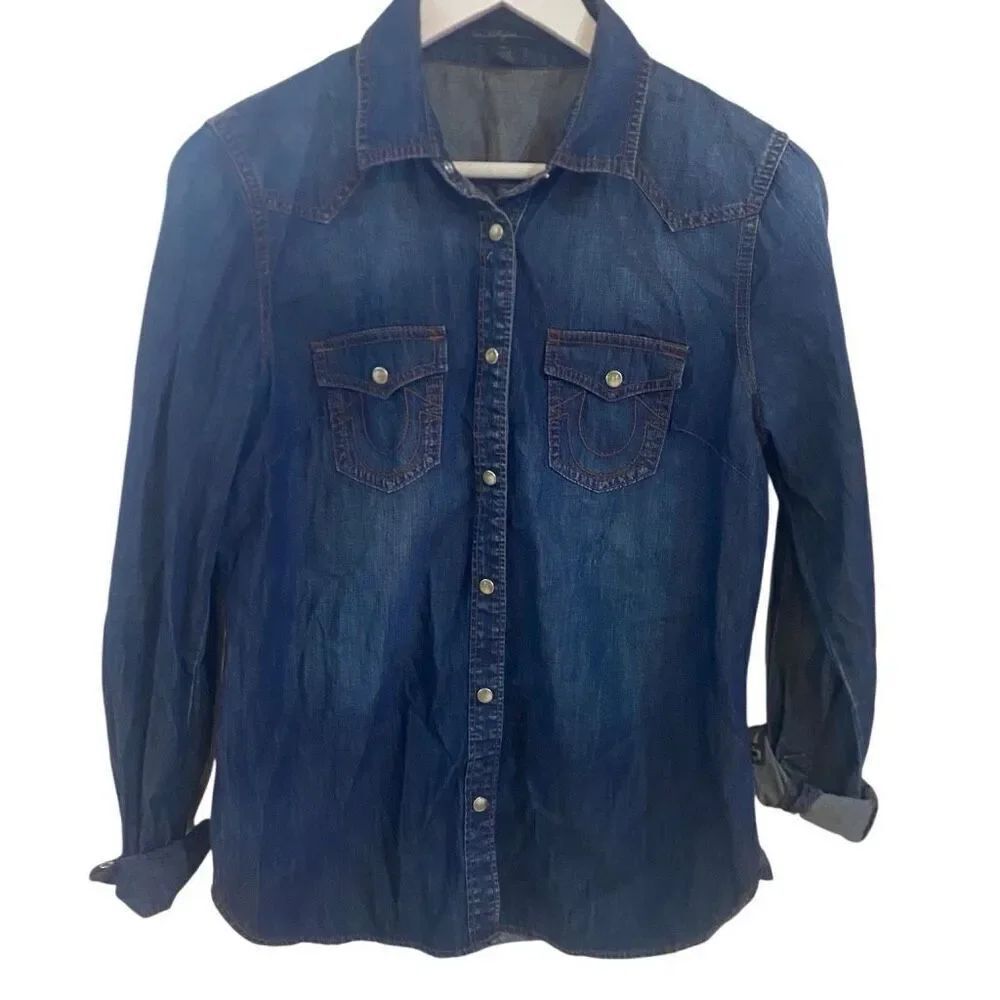 True Religion pearl snap button down jean shirt small